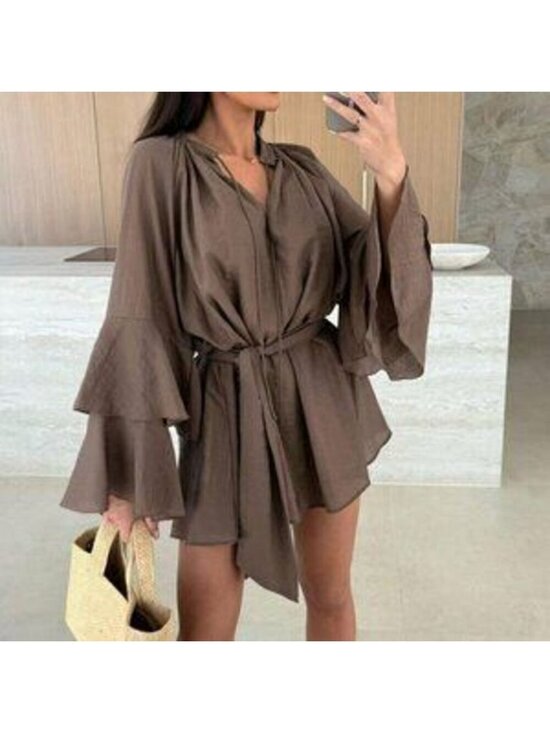 Dresses & Skirts - Coffee Boho Women's V-Neck Asymmetrical Tie-Up Long Sleeve Loose Mini Dress